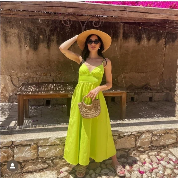 Zara Poplin Dress with Pockets Midi Maxi Lime - Picture 3 of 12